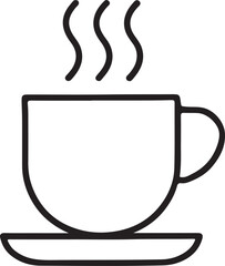 A simple black line drawing of a steaming hot cup of coffee on a saucer