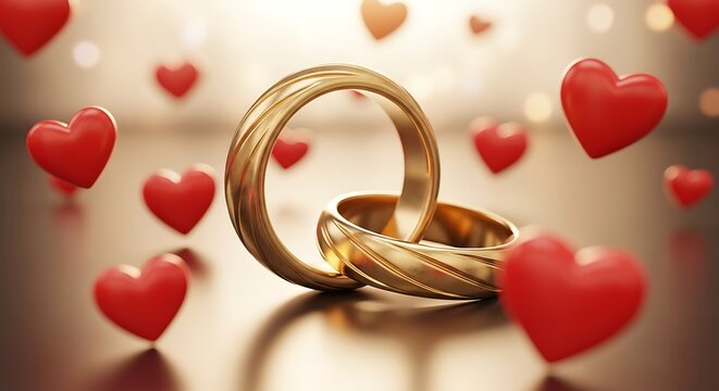 Two gold wedding rings surrounded by red hearts illustration