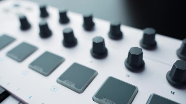 Close-up macro of a white MIDI controller showing drum pads and rotary knobs. Clean studio tech vibe with soft lighting and shallow depth of field.