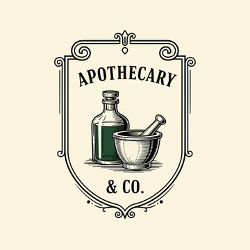 Vintage Apothecary Logo Illustration with Medicine Bottle and Mortar Pestle