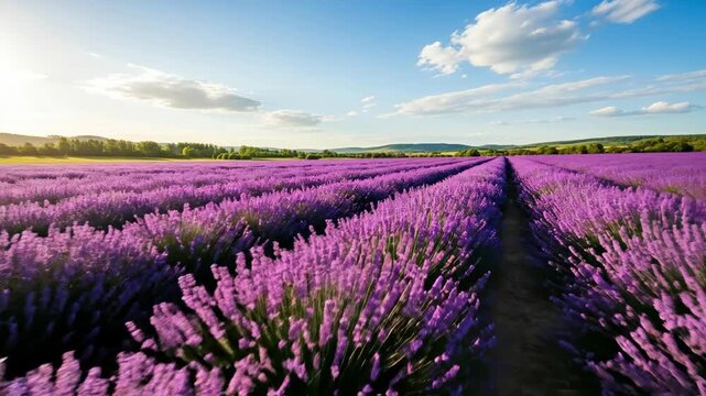 Vibrant lavender field under a sunny sky, serene rural landscape.