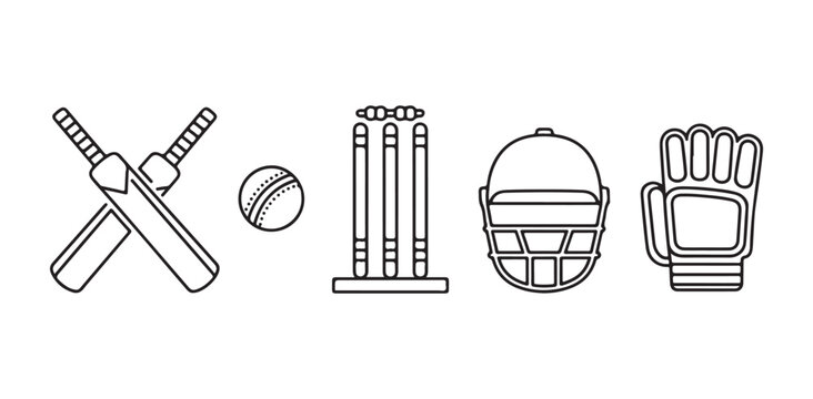 Minimalist cricket equipment line icons set including bat ball stumps helmet and glove gear