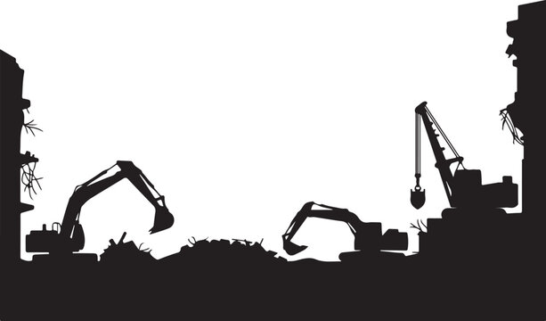 Black silhouette of construction site with excavators and crane