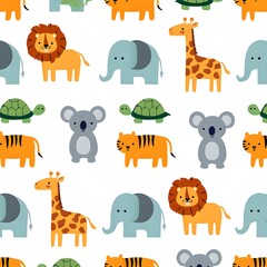 Fototapeta premium Colorful cartoon animals including lions, giraffes, elephants, tigers, turtles, and koalas in a playful pattern.
