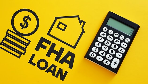 FHA loan concept with house icon, dollar symbol and calculator on yellow background for mortgage financing and home buying featuring housing, real estate, property with first time buyer and finance