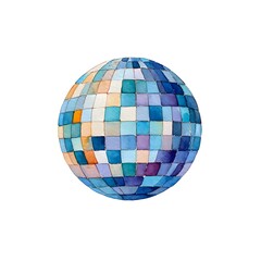 A colorful disco ball with a mosaic surface reflecting vibrant blue and purple hues