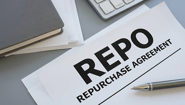 Repo repurchase agreement document on office desk with pen, keyboard and notebook, finance and lending concept closeup featuring contract, paperwork, financial with banking and bank elements for