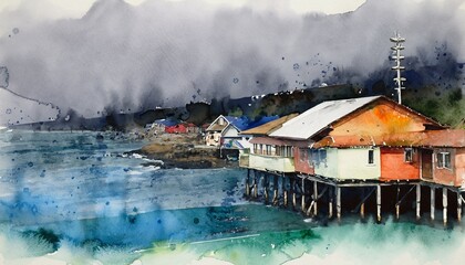 Colourful stilt houses over water in a misty landscape.