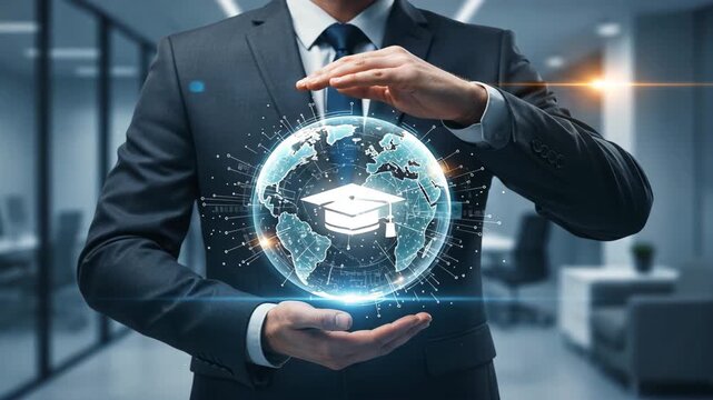 A hands holding a holographic globe with education icon showing smart learning, productivity and efficiency