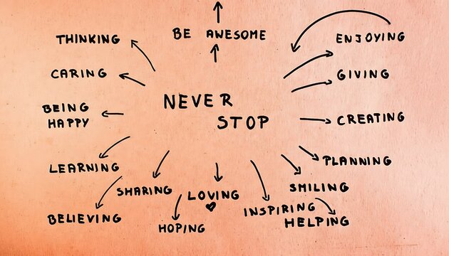 Never stop motivational quote hand lettering with arrows on textured paper background for inspiration and self improvement featuring inspirational, positive message, personal growth with