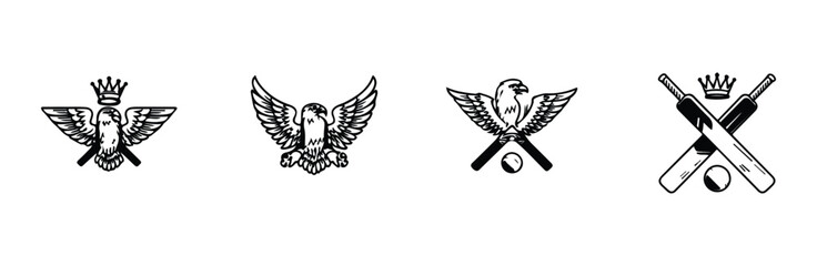 Obraz premium Royal eagle crest with crown and crossed cricket bats for sports team emblem design