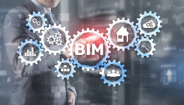 BIM building information modeling concept with businessman and digital gear icons for construction planning and collaboration featuring architecture, engineering, AEC with 3D model and CAD elements