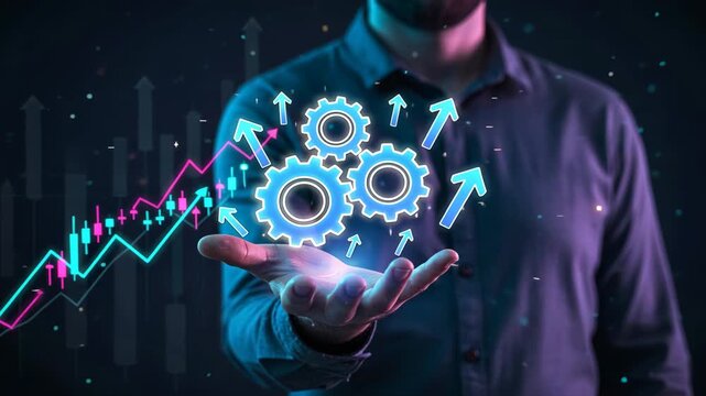 A hand holding a glowing gears with arrows rising showing progress, productivity and efficiency