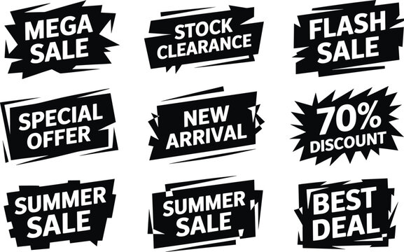 Black and white sale stickers discount promotion advertisement sale, discount, promotion, advertisement, sticker, label, tag, special offer, mega sale, stock clearance, flash sale, new arrival, summer