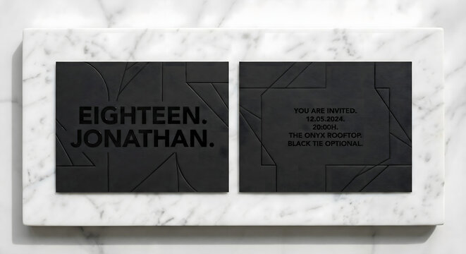 Luxury black-on-black eighteen invitation mockup on white marble. Features minimalist architectural debossing and spot UV lettering for a sophisticated, modern birthday or black-tie event theme.