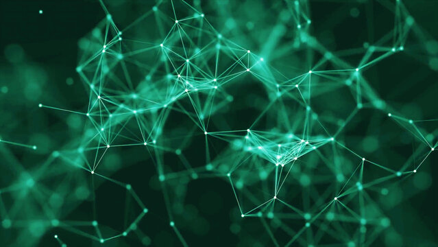 abstract green geometrical plexus flowing movement on black background with lines and dots

