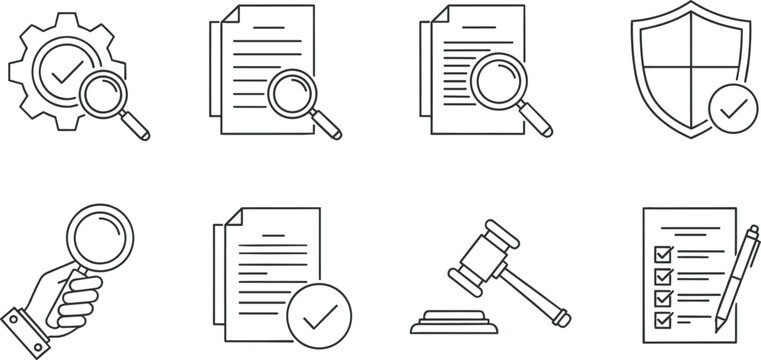 Legal document verification and approval line icon set with magnifying glass shield checklist and gavel symbols