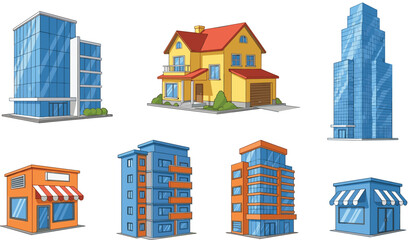 Set of modern architectural buildings including suburban house office skyscrapers glass commercial property and retail shops isolated on white background for urban city planning designs. ©  anatomy bodybuildin