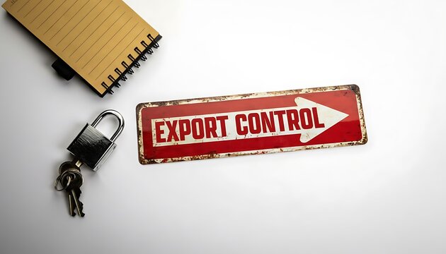 Export control sign with arrow, padlock and keys on white background, trade compliance, restrictions, regulation concept featuring restriction, embargo, sanctions with customs and licensing elements