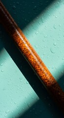 Rusty corroded metal pipe with water droplets on teal surface. Industrial decay, plumbing corrosion, texture and pattern closeup study. 