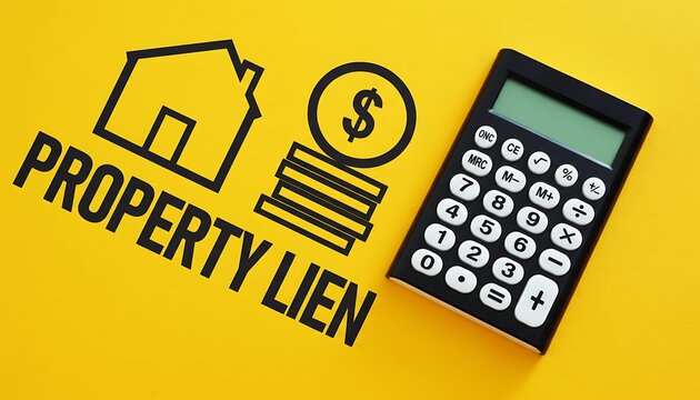 Property lien concept with house and money icons and calculator on yellow background, real estate debt, taxes and finance featuring mortgage, foreclosure, loan with calculation and budgeting elements