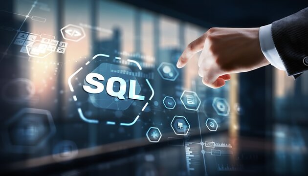 SQL database technology interface with business hand pointing at virtual dashboard icons for data management and analytics featuring query language, RDBMS, ETL with BI and touchscreen elements for