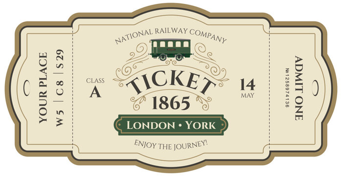Vector train ticket template featuring a passenger carriage with vintage-style inscriptions and decorations. Premium class. No ai
