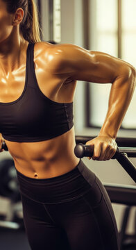 Strong Woman Exercising on Dip Bars, Showcasing Defined Abs and Sweaty Muscles
