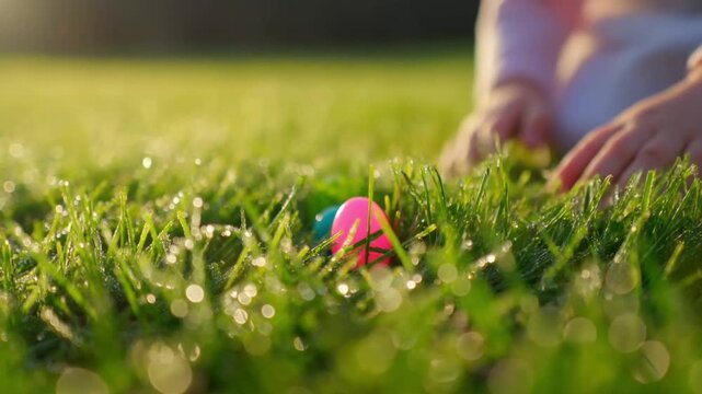 A low-angle shot of child's hands parting dewy grass to reveal a plastic easter egg in golden hour light concept of magical easter egg hunt discovery