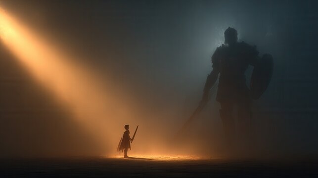 Young David facing the giant Goliath on an ancient battlefield at sunrise. Dramatic sky, detailed ancient armor, and cinematic lighting create an epic and powerful atmosphere. Concept of courage, fait