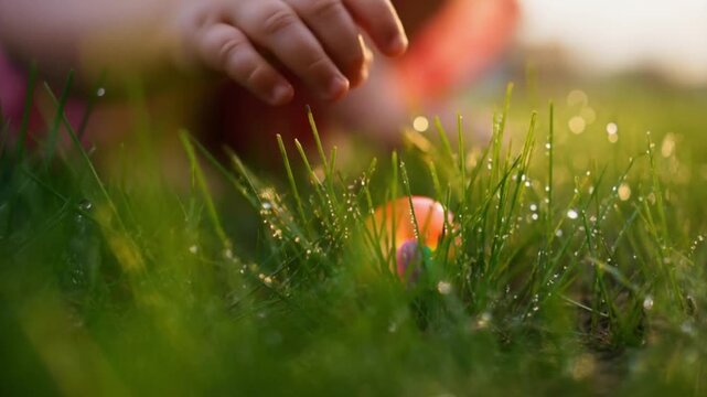A low-angle shot of child's hands parting dewy grass to reveal a plastic easter egg in golden hour light concept of magical easter egg hunt discovery