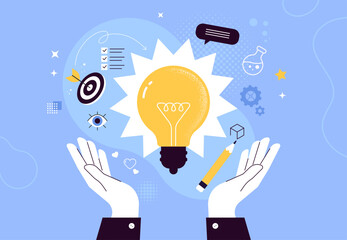 Design Thinking Concept. Vector illustration in flat style of hands holding a glowing light bulb with creative icons. Idea generation, innovation, problem solving, strategy, inspiration and creativity © nadzeya26