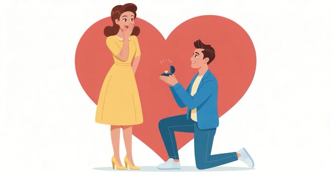 Man proposing to surprised woman with heart in background proposal engagement ring love romance surprise yellow dress