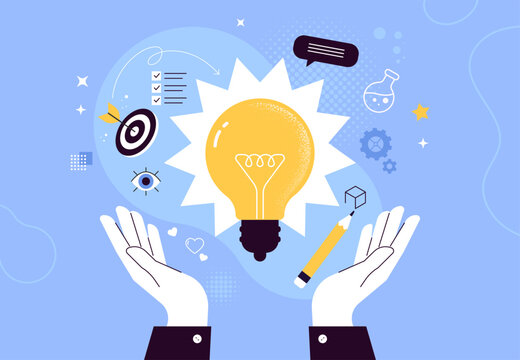 Design Thinking Concept.
Vector illustration in flat style of hands holding a glowing light bulb with creative icons. Idea generation, innovation, problem solving, strategy, inspiration and creativity