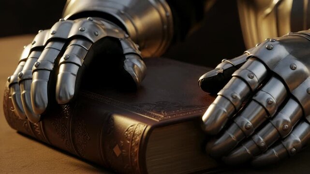A knights armored hands resting on an ancient, ornate leather-bound book with embossed details, symbolizing medieval wisdom and history