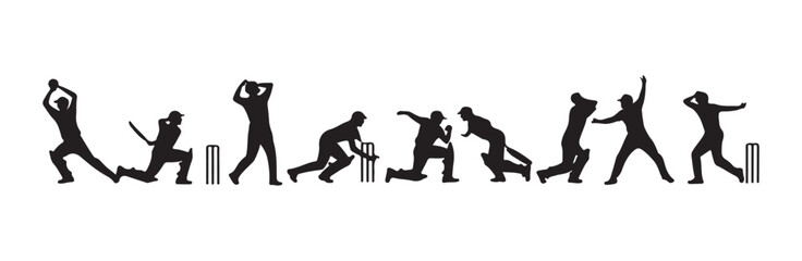 Fototapeta premium Sequence of cricket player actions silhouettes showing bowling batting fielding and wicket defense