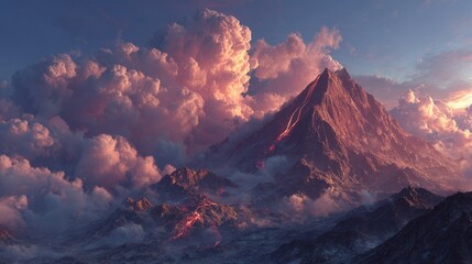 Fototapeta premium Volcano eruption with a glowing lava river cutting through the landscape, fiery reflections and dramatic sky. 