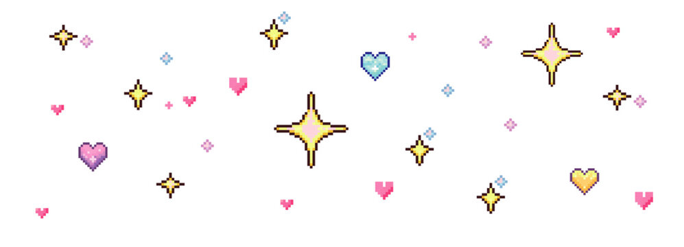 Pixel art sparkle stars and heart icons  retro background