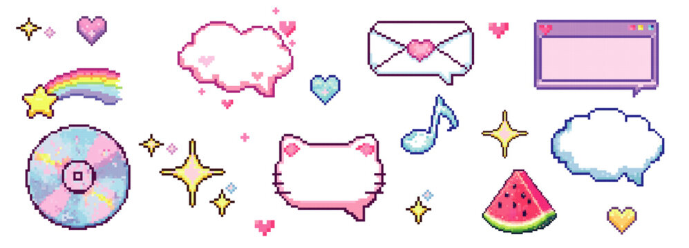 Pixel art kawaii chat stickers with rainbow duck and speech bubbles