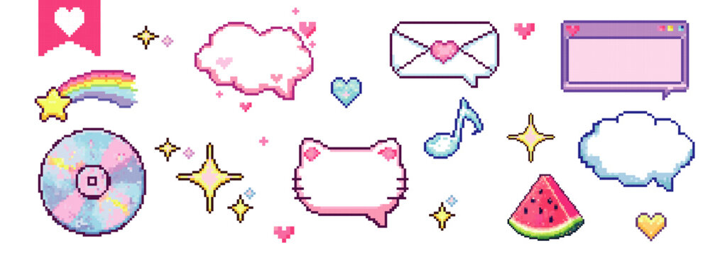 Pixel art cute sticker pack with chat bubbles rainbow and icons