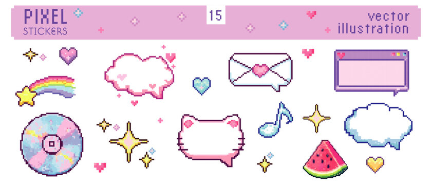 Pixel art cute sticker set with chat bubbles rainbow and icons