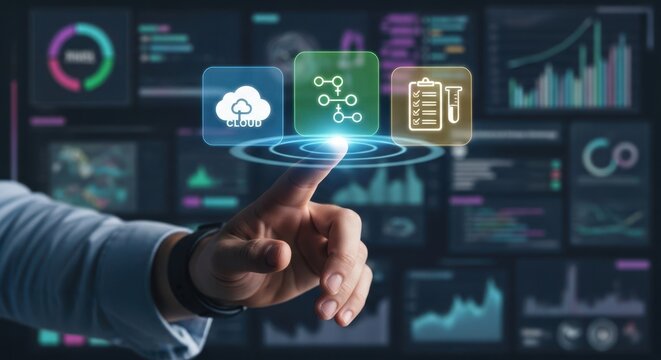 Cloud native application development dashboard visualizing the CI CD pipeline and automated testing for fintech software
