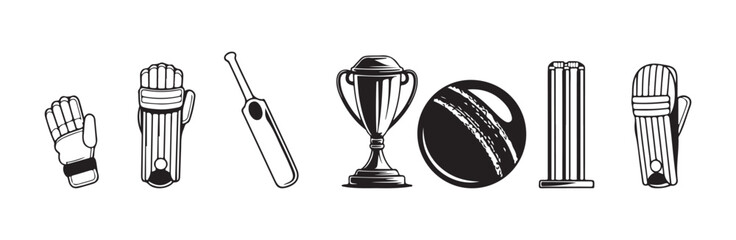Detailed cricket equipment icons showing glove pad bat trophy ball and wicket set outline © MST