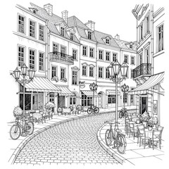Charming European Old Town Street with Outdoor Caf&eacute;s, Cobblestone Road and Vintage Bicycles in Soft Morning Light