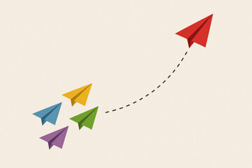 Red paper plane leading other planes upward