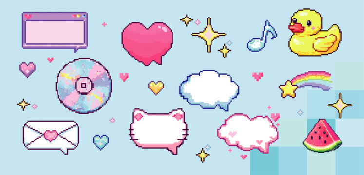 Pixel art game icons and speech bubble stickers in retro 8 bit style