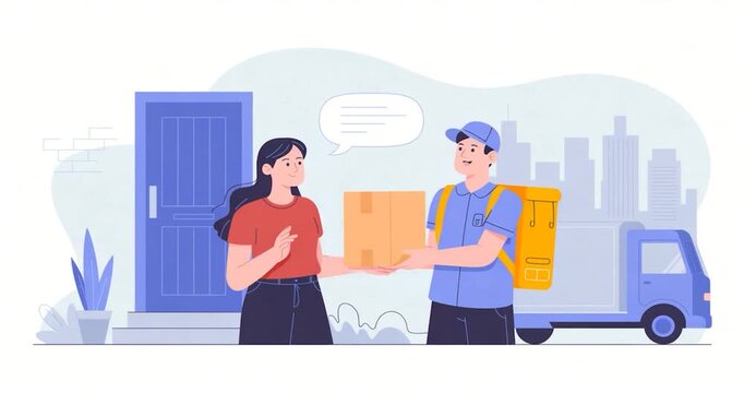Delivery person handing a package to a smiling woman at her front doorstep with a cityscape in the background