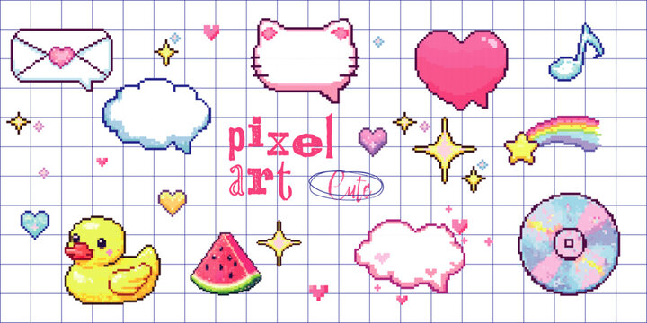 Pixel art cute stickers with speech bubbles and duck in retro 8 bit style