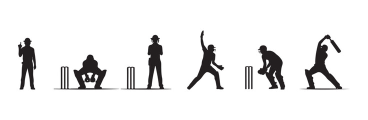 Collection of cricket player silhouettes showing actions like batting bowling fielding and wicket keeping