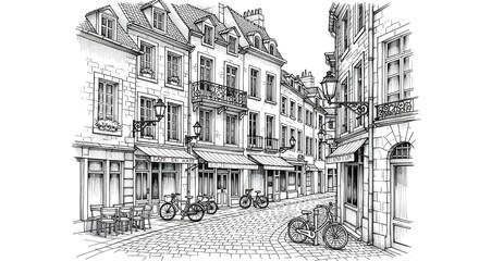 Obraz premium Elegant European Old Town Street with Cobblestones, Wrought Iron Balconies and Café Terraces at Soft Evening Light